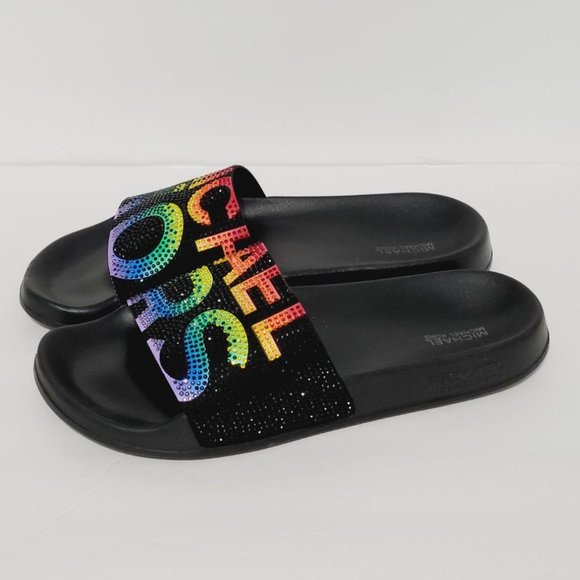 NEW Michael Kors Gilmore Rhinestone Rainbow Slides RX21A Size 6M Black - Picture 1 of 6